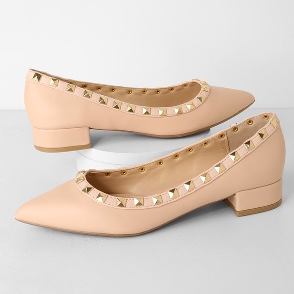 Lulus Shoes - NEW! Lulus Adelyn Nude Studded Low Pointed-Toe Heels. 7.5.
